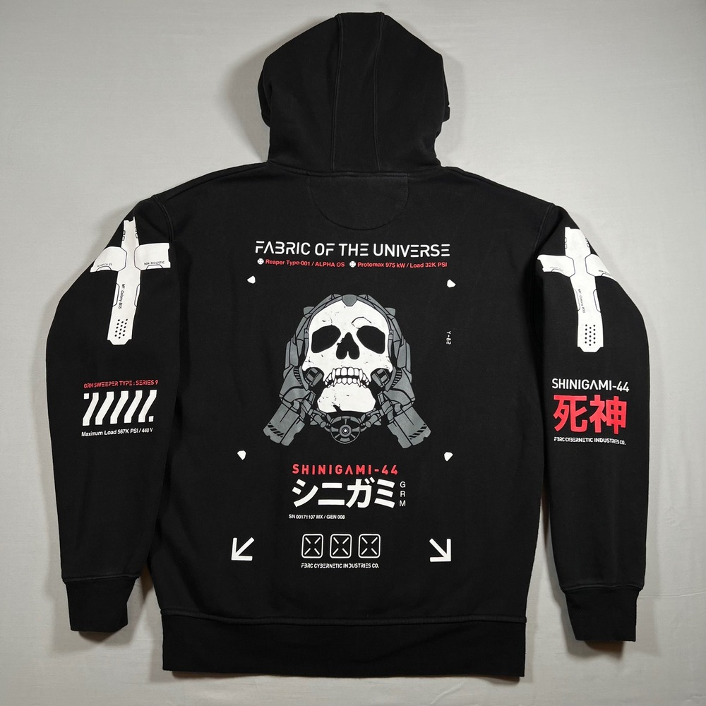 Fabric of the Universe Shinigami-44 Techwear Hoodie Black Cyberpunk Skull Mens L
